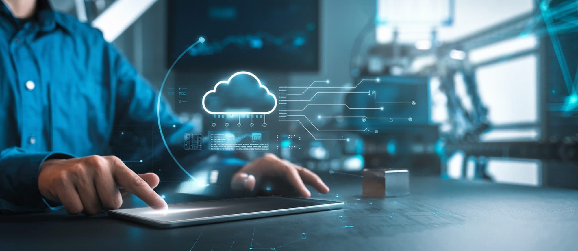 Diagnóstico técnico com tablet e infraestrutura em nuvem